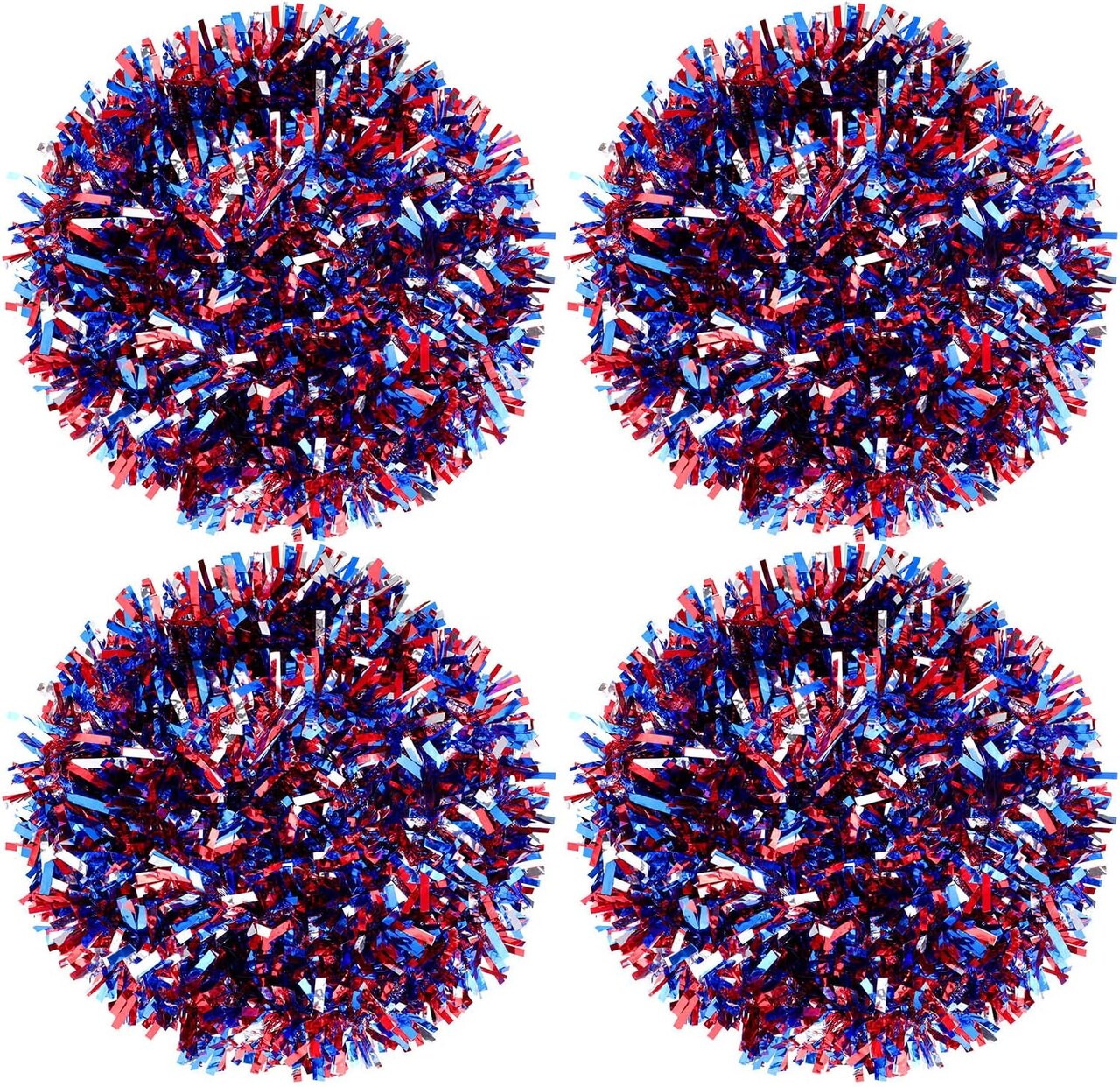 66 ft patriotic red, white, and blue metallic twist garlands, featuring colorful tinsel festooning for hanging decorations, ideal for 4th of July and other festive celebrations
